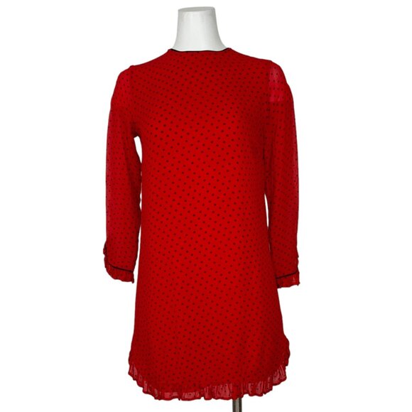 Ganni Mullin Georgette Dress 34 US 2 Fiery Red Polka Dot Mini Long Sleeve Retro - Picture 1 of 12